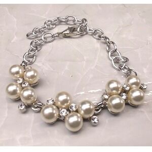New Faux Pearl Rhinestone Bracelet to 10.5" SilverTone Cluster Bridal Jewelry